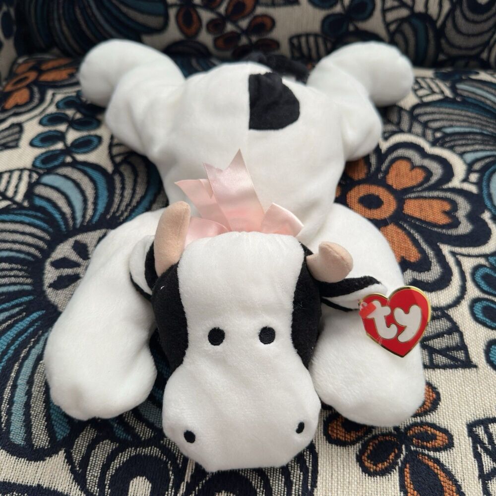 1994 Vtg TY Pillow Pals Moo the White & Black Cow Plush Pink Ribbon Toy 14" Tag